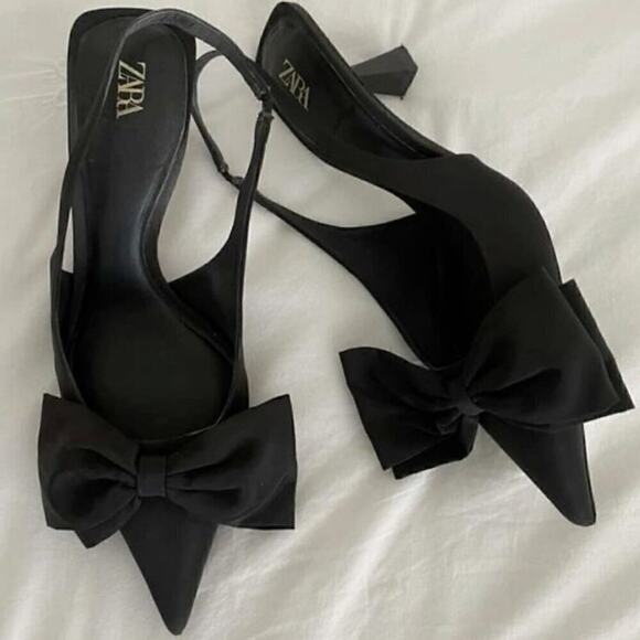 ZARA Black Bow Slingback Heels NWT – Embellished Pointed Toe Pumps, Size 7.5 - Picture 13 of 16